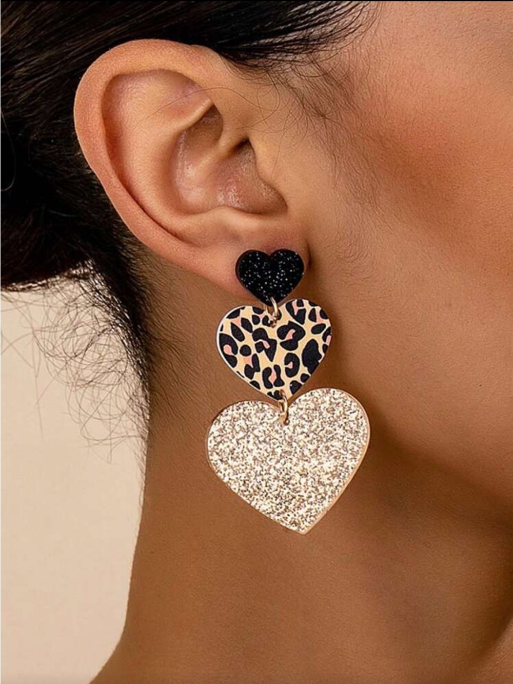 Multicolor Heart Drop Earrings with Leopard and Glitter Accents